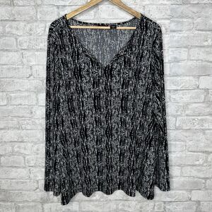 Tahari Women's Split‎ V Neck Tunic Top Stretch Knit Black White Slinky 3X